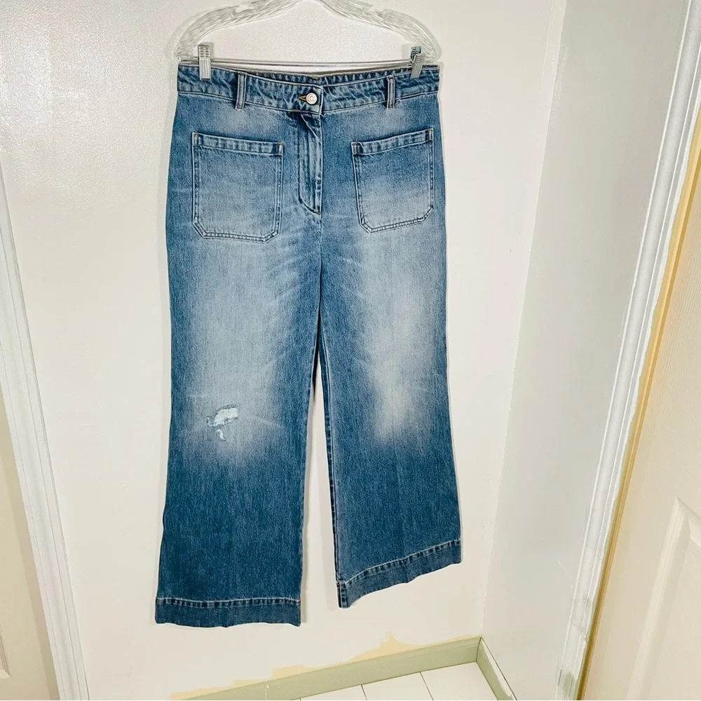 Victoria Beckham Alina High Waist Wide Leg Jeans Worn Blue Wash Distressed Denim - Picture 4 of 11